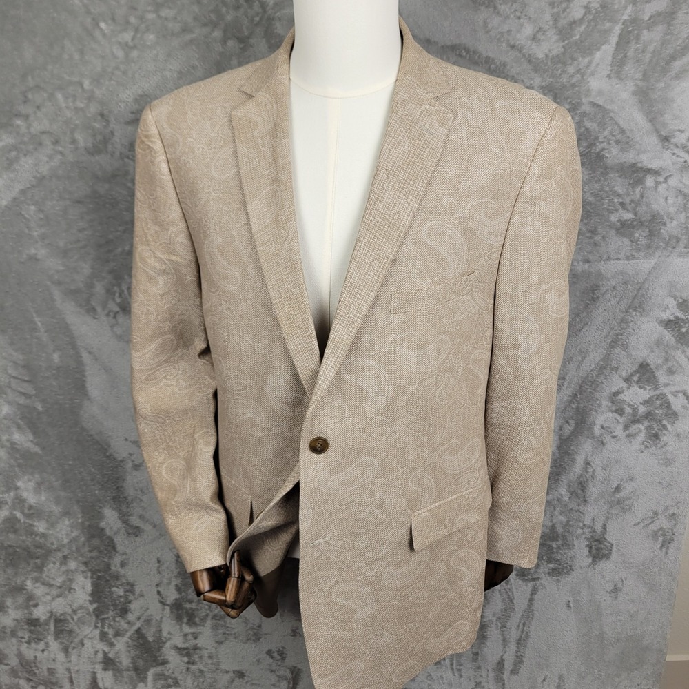 Alan Flusser Linen Blend Sport Coat Blazer Men's Large Beige Tan Paisley Print